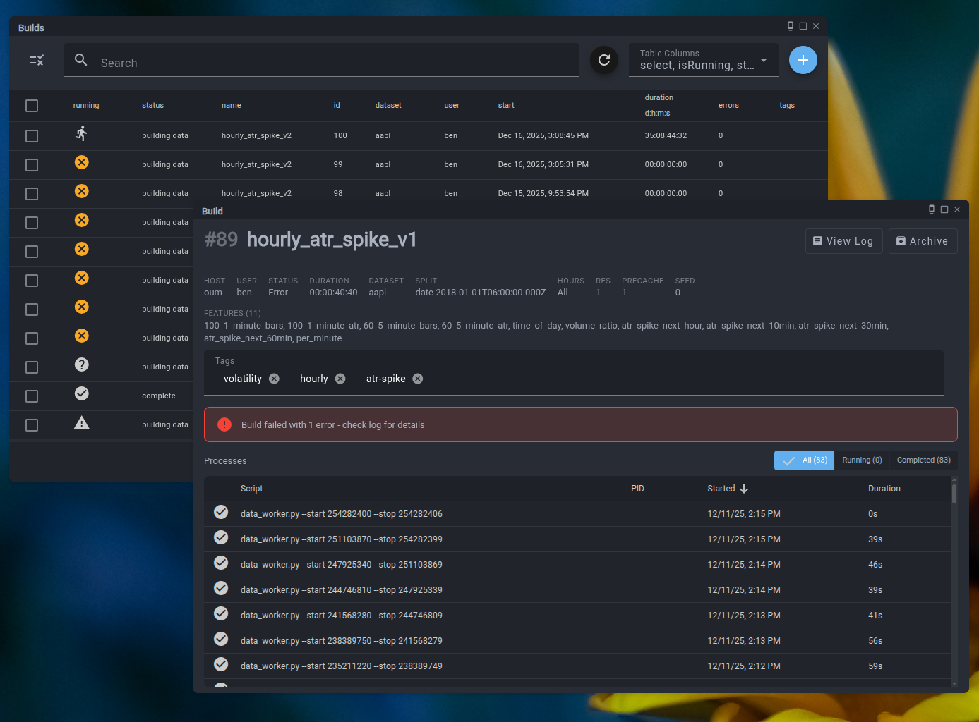 Builds management — list view with running and failed statuses, detail panel showing features and process log